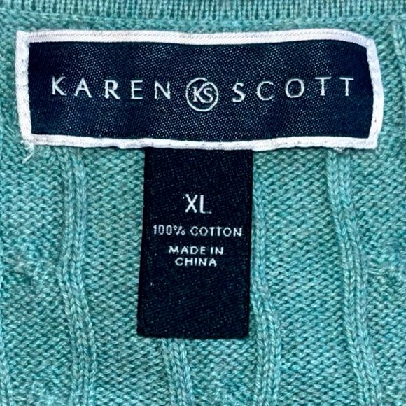 Karen Scott Dusty Teal Cotton Cable Knit V-Neck Sweater XL - Picture 3 of 3